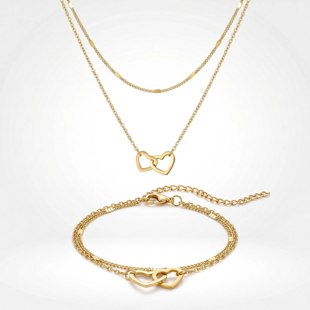 QIAOREN 11509 Fade Resistant Waterproof 18K Gold Plated Stainless Steel Interlocking Hearts Jewelry Set