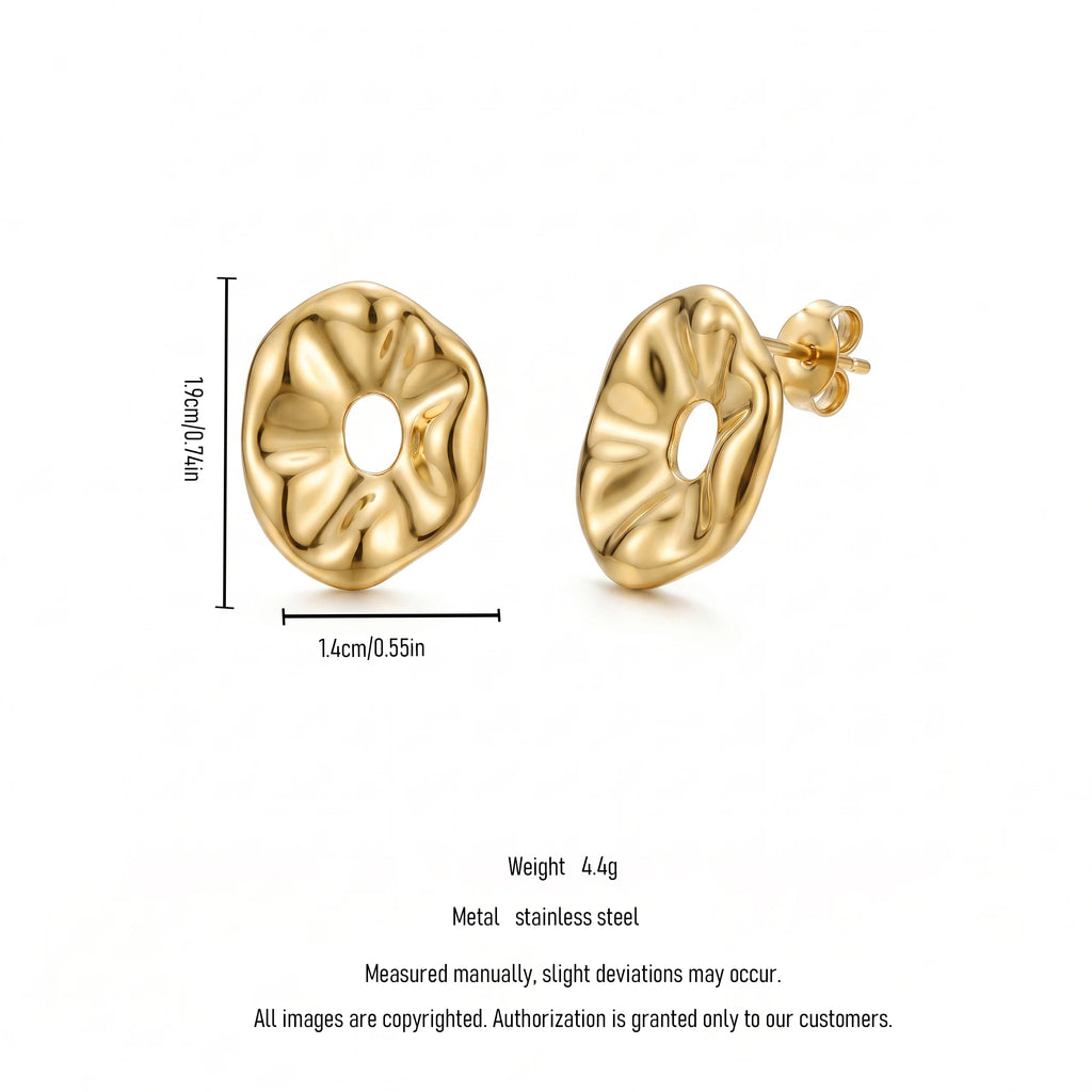 QIAOREN 14029 Polished Gold Irregular Wavy Hollow Circle Stud Earrings, Crinkled Abstract Donut Shape Ear Stud Jewelry Gift