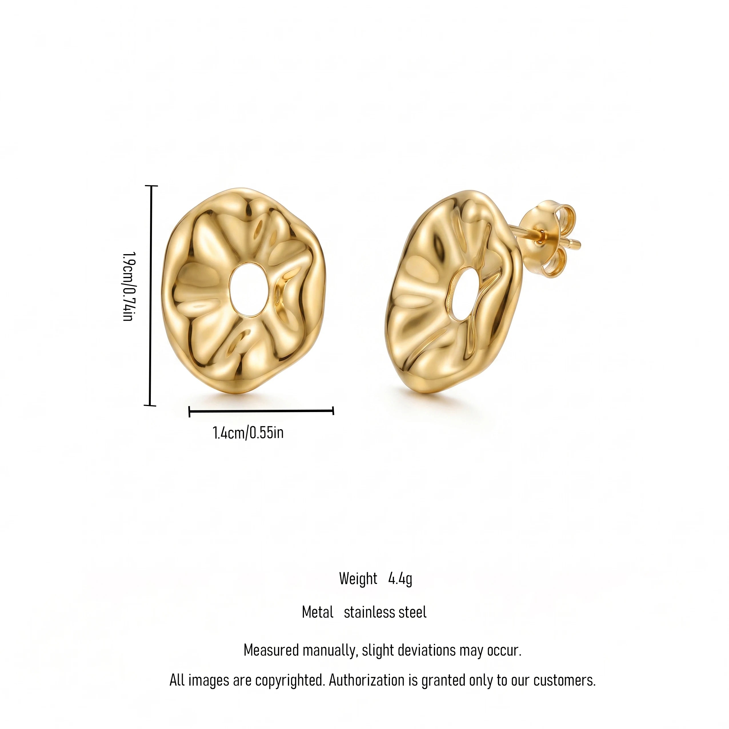 QIAOREN 14029 Polished Gold Irregular Wavy Hollow Circle Stud Earrings, Crinkled Abstract Donut Shape Ear Stud Jewelry Gift