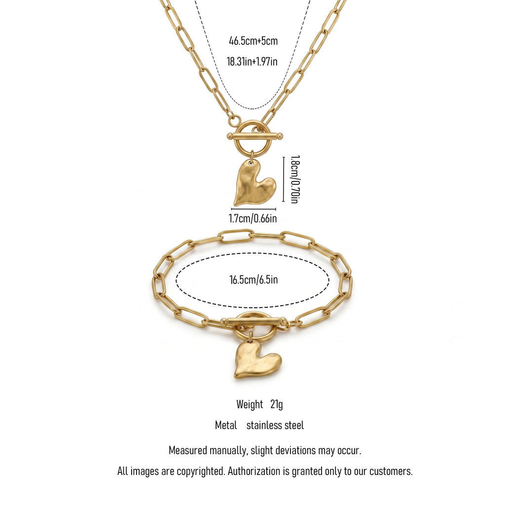 QIAOREN 11567 Stainless Steel 18K Gold Plated Heart Square Jewelry Set, Textured Grid Pattern Pendant Necklace Stud Earrings