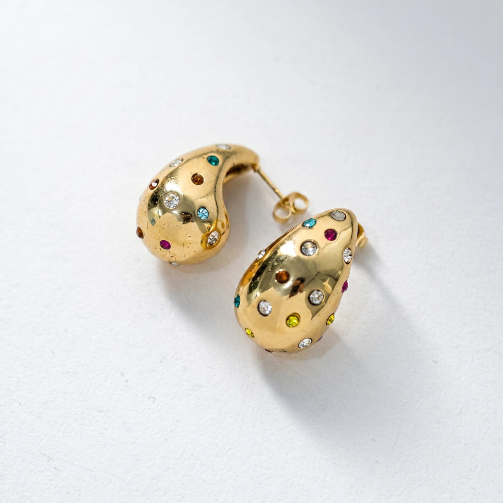 QIAOREN 12285 Trendy Rainbow CZ Teardrop Earrings Gold Stainless Steel Scattered Colorful Gemstone Dome Hoops Women US EU