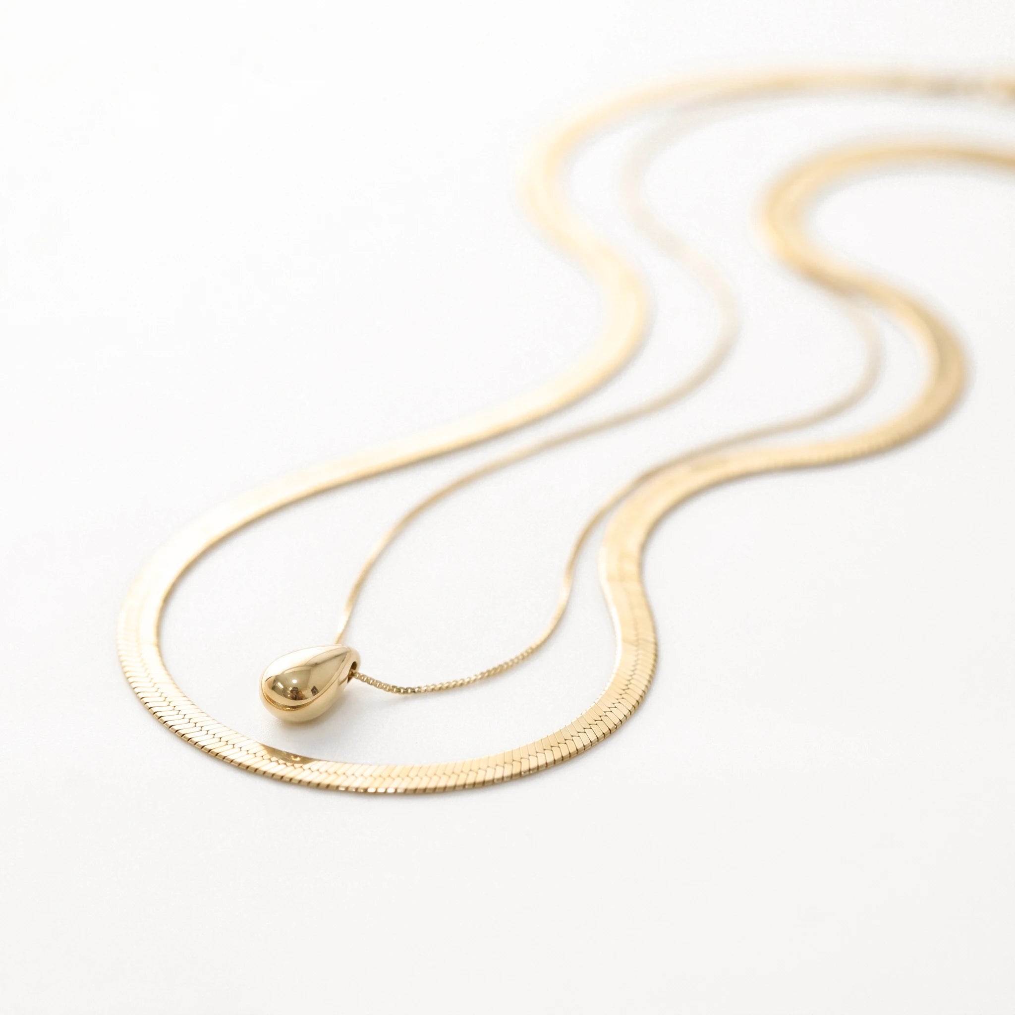 QIOAREN 12882 18K Gold Plated Herringbone Snake Chain Layered Necklace, Waterproof Tarnish Free Teardrop Pendant Stainless Steel