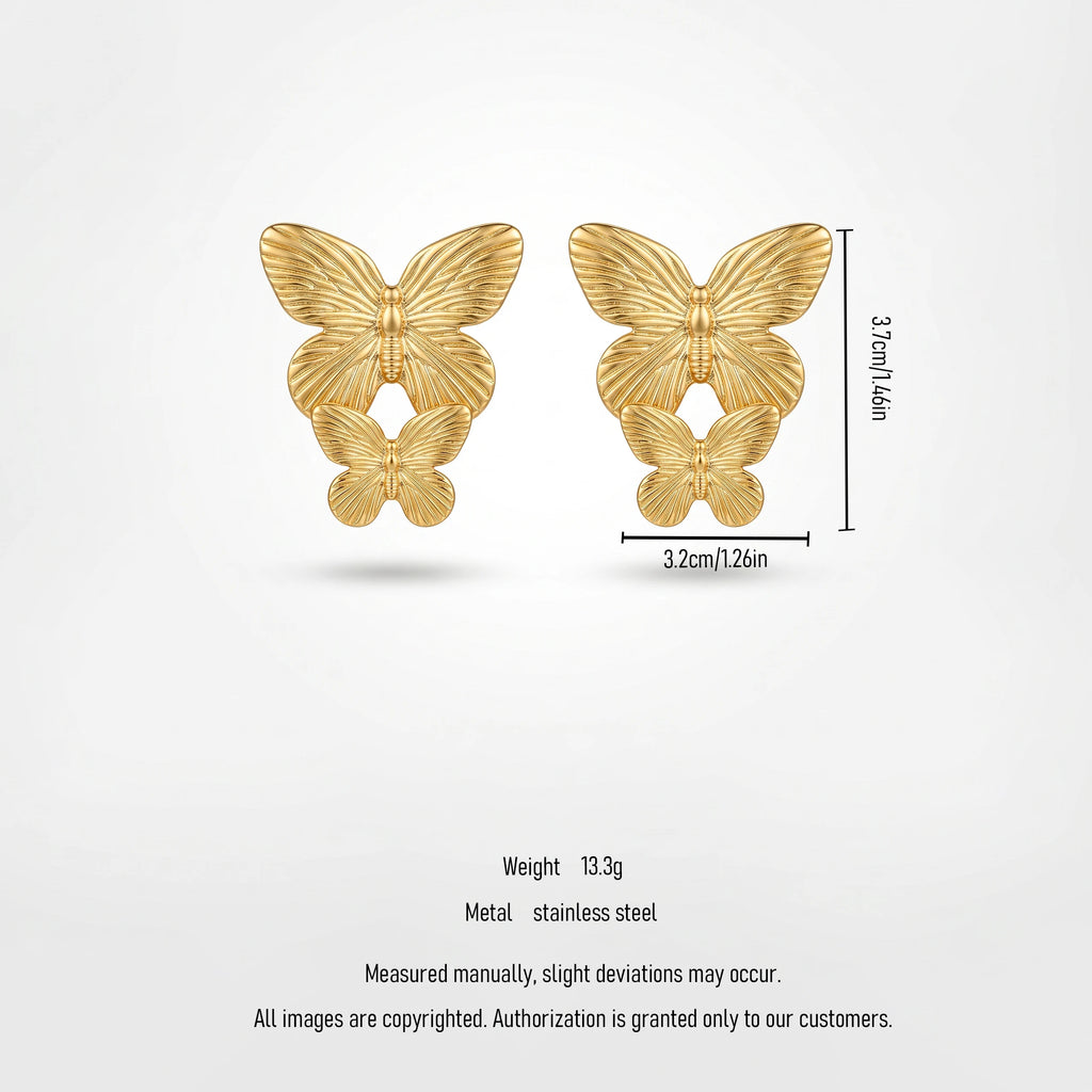 QIAOREN 13275 Gold Tone Double Butterfly Stud Earrings Fine Vein Textured Two Layer Butterfly Pin Studs Retro Elegant