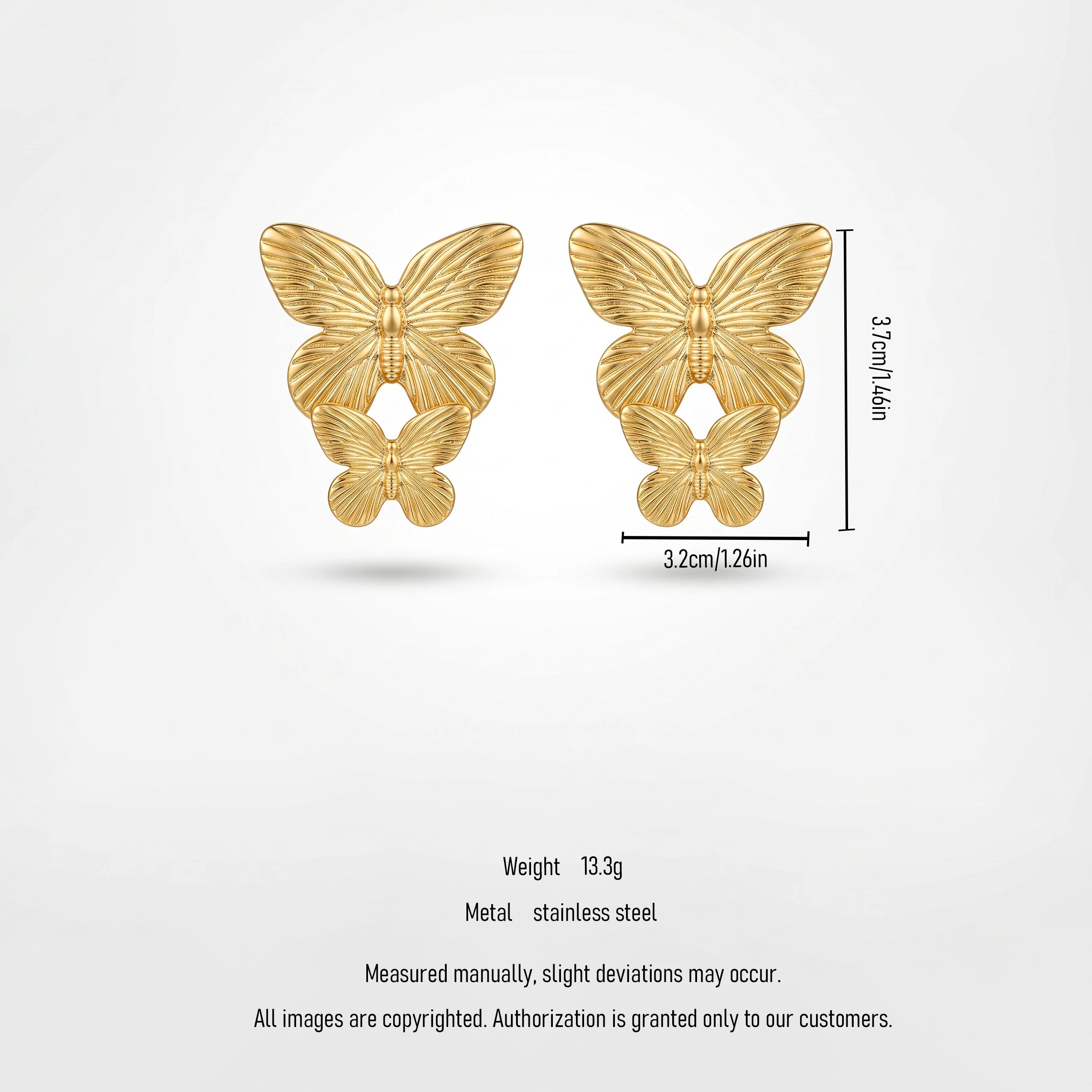 QIAOREN 13275 Gold Tone Double Butterfly Stud Earrings Fine Vein Textured Two Layer Butterfly Pin Studs Retro Elegant