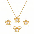 QIAOREN 11634 Hypoallergenic 18K Gold Plated Stainless Steel Puffy Daisy Flower Women's Jewelry Set Pearl Snake Chain Necklace
