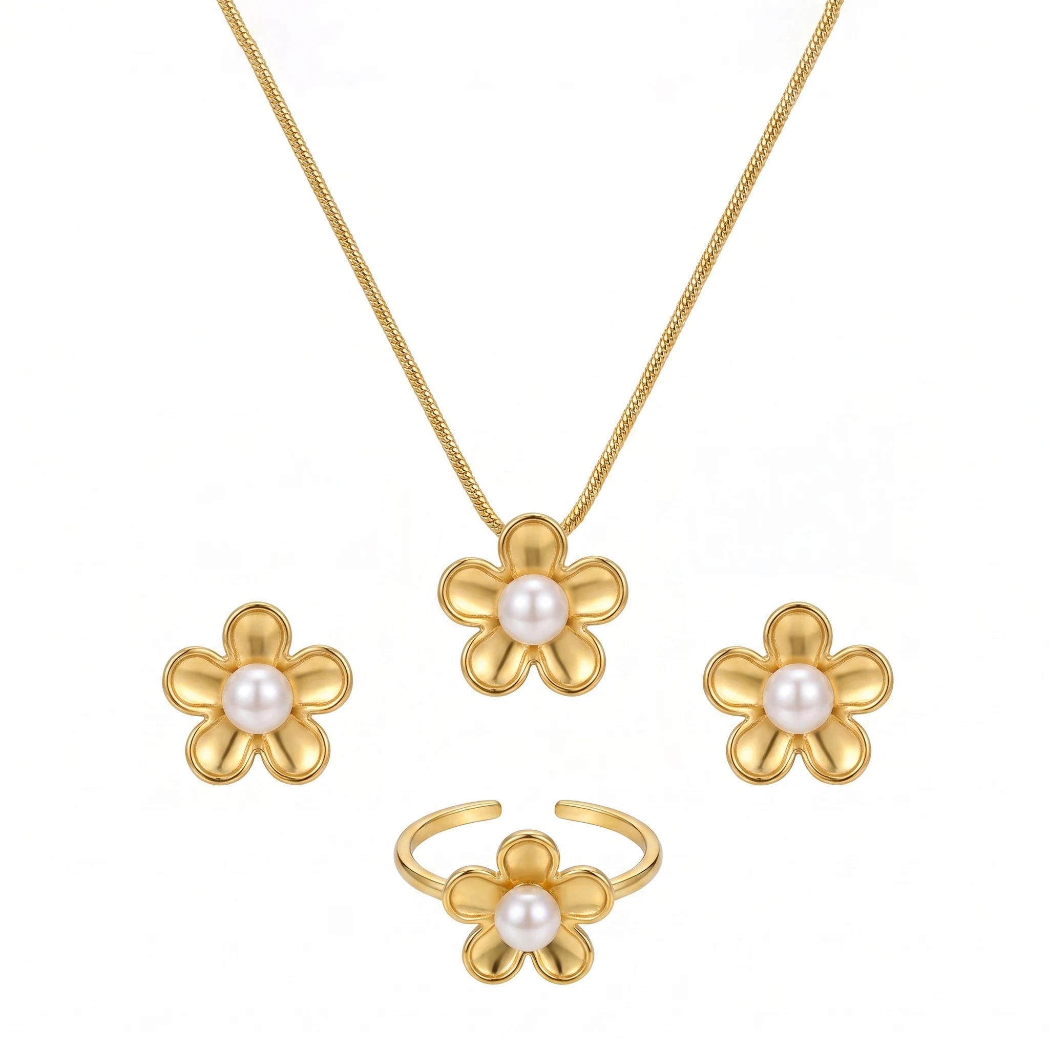 QIAOREN 11634 Hypoallergenic 18K Gold Plated Stainless Steel Puffy Daisy Flower Women's Jewelry Set Pearl Snake Chain Necklace