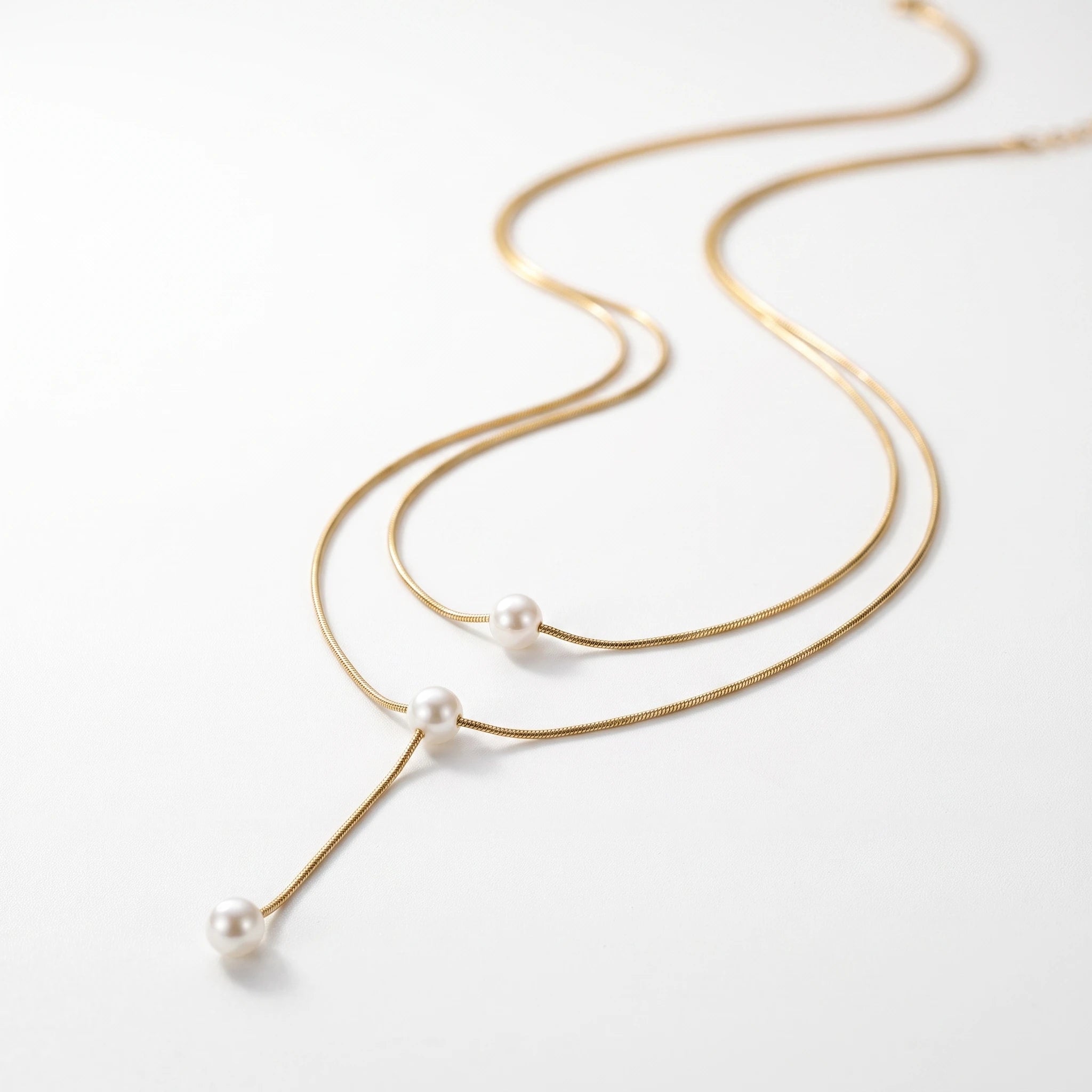 QIAOREN 13507 Double Layer Y Drop Pearl Pendant Necklace with Thin Snake Chain, Three Dangle Round Shell Pearl Charms Necklace