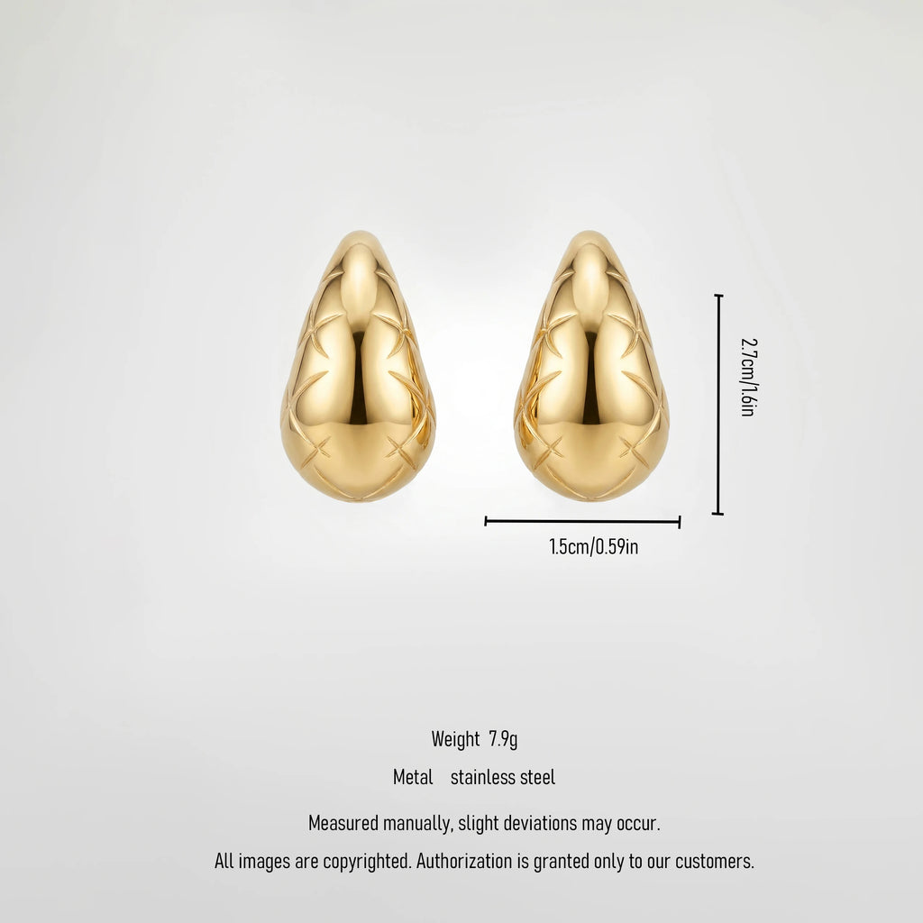 QIAOREN 12273 Trendy Quilted Criss Cross Teardrop Earrings Gold Stainless Steel Etched Lattice Waterdrop Dome Studs Women US EU