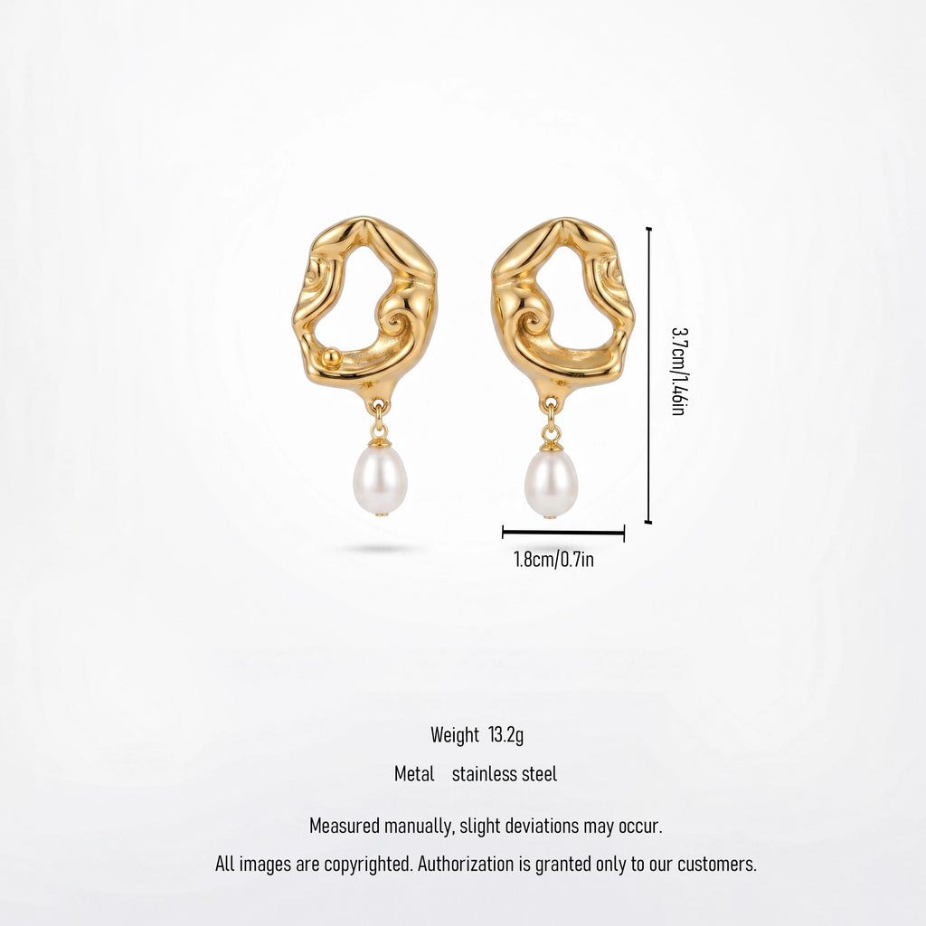 QIAOREN 12522  Avant-Garde Molten Metal Teardrop Pearl Earrings Stainless Steel Gold Irregular Statement Jewelry