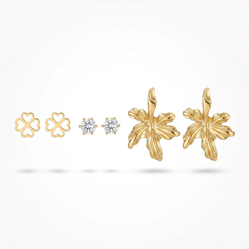 QIAOREN 13257  3 PCS Set 18K Gold Plated Stainless Steel Flower Stud Earrings Set Solid Clover, Round CZ