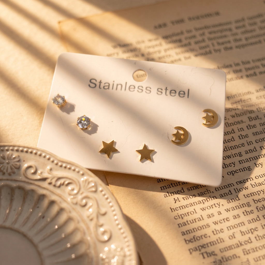 QIAOREN 14493 Moon Star Stainless Steel Cz Tiny Ear Stud Stud Earrings Set, , Gold Multi Style Mini Cartilage Earrings Jewelry