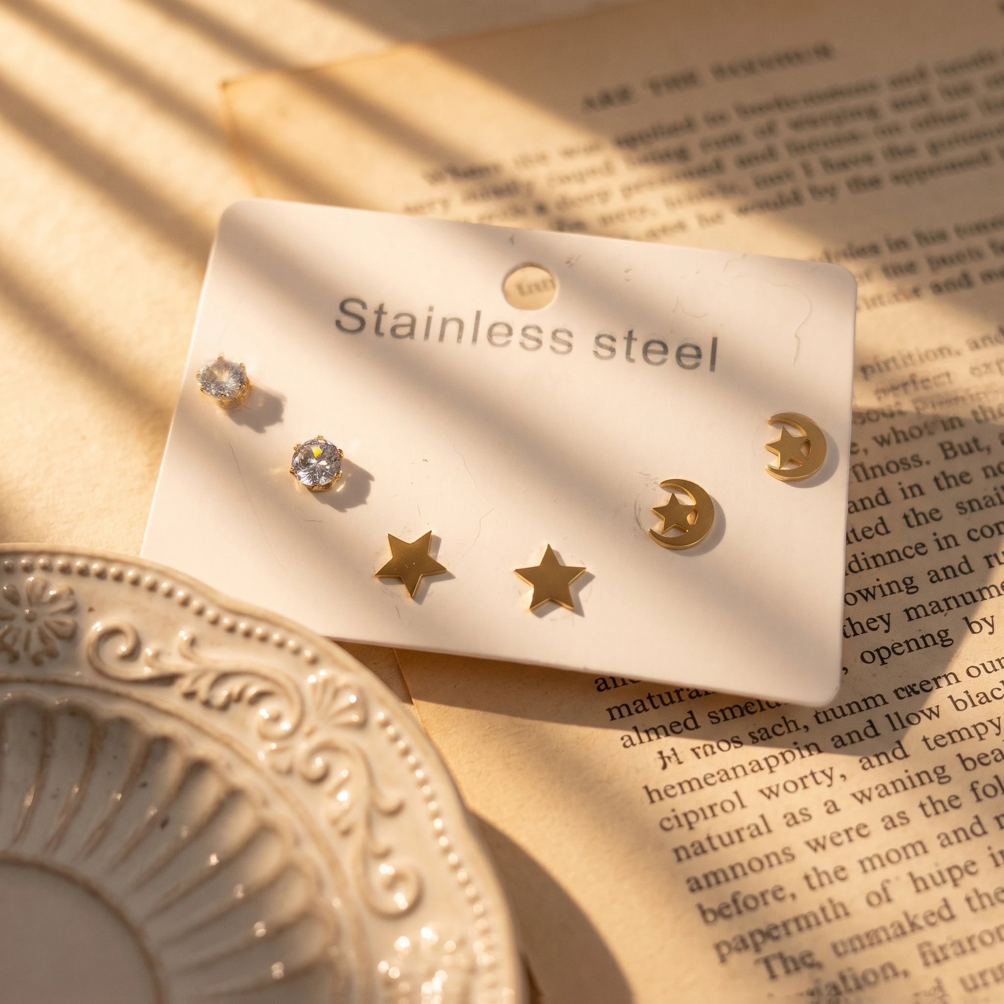 QIAOREN 14493 Moon Star Stainless Steel Cz Tiny Ear Stud Stud Earrings Set, , Gold Multi Style Mini Cartilage Earrings Jewelry