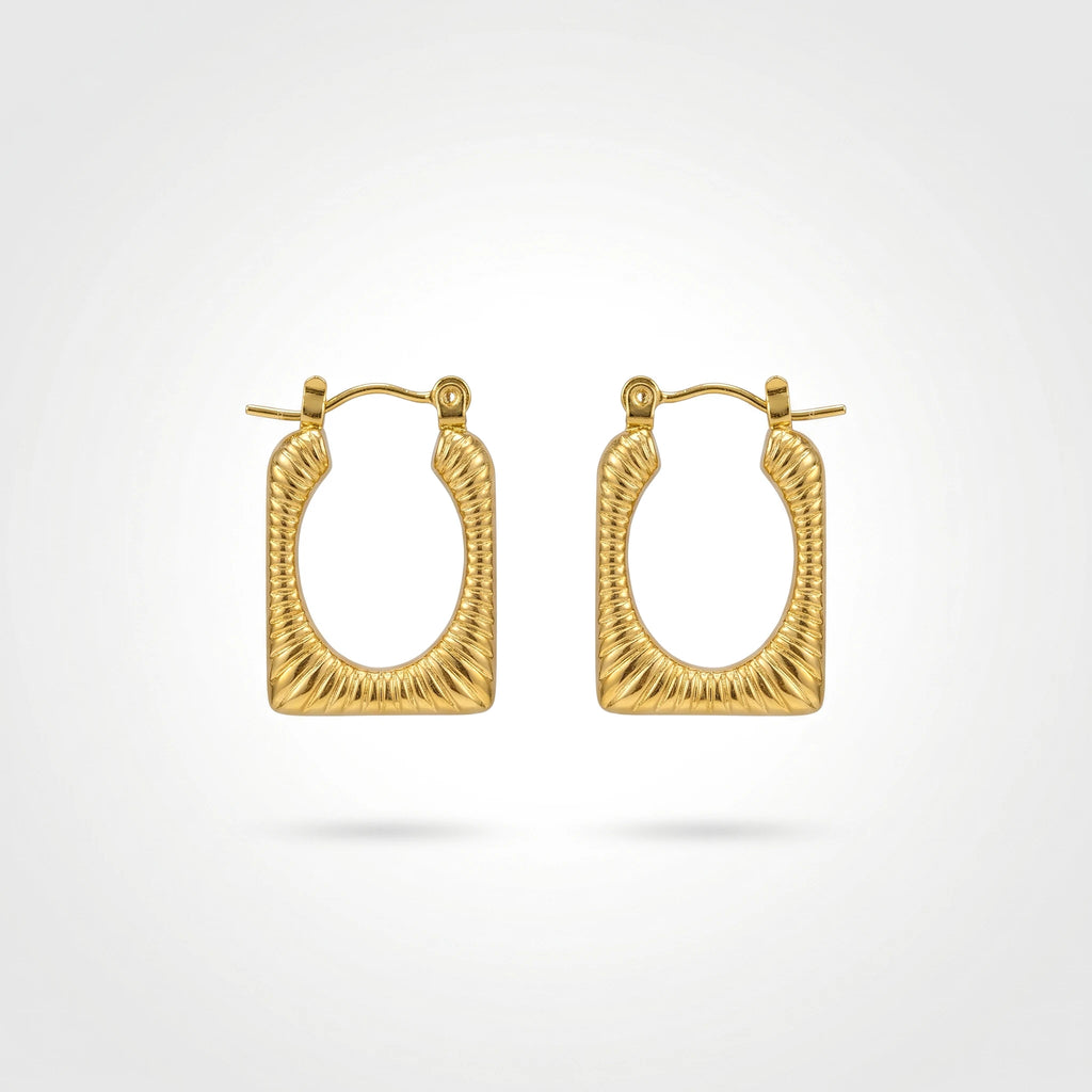 QIAOREN 12529 Waterproof Tarnish Free Ribbed Gold Earrings Stainless Steel Bold Fluted Rectangular Hoops Women US EU