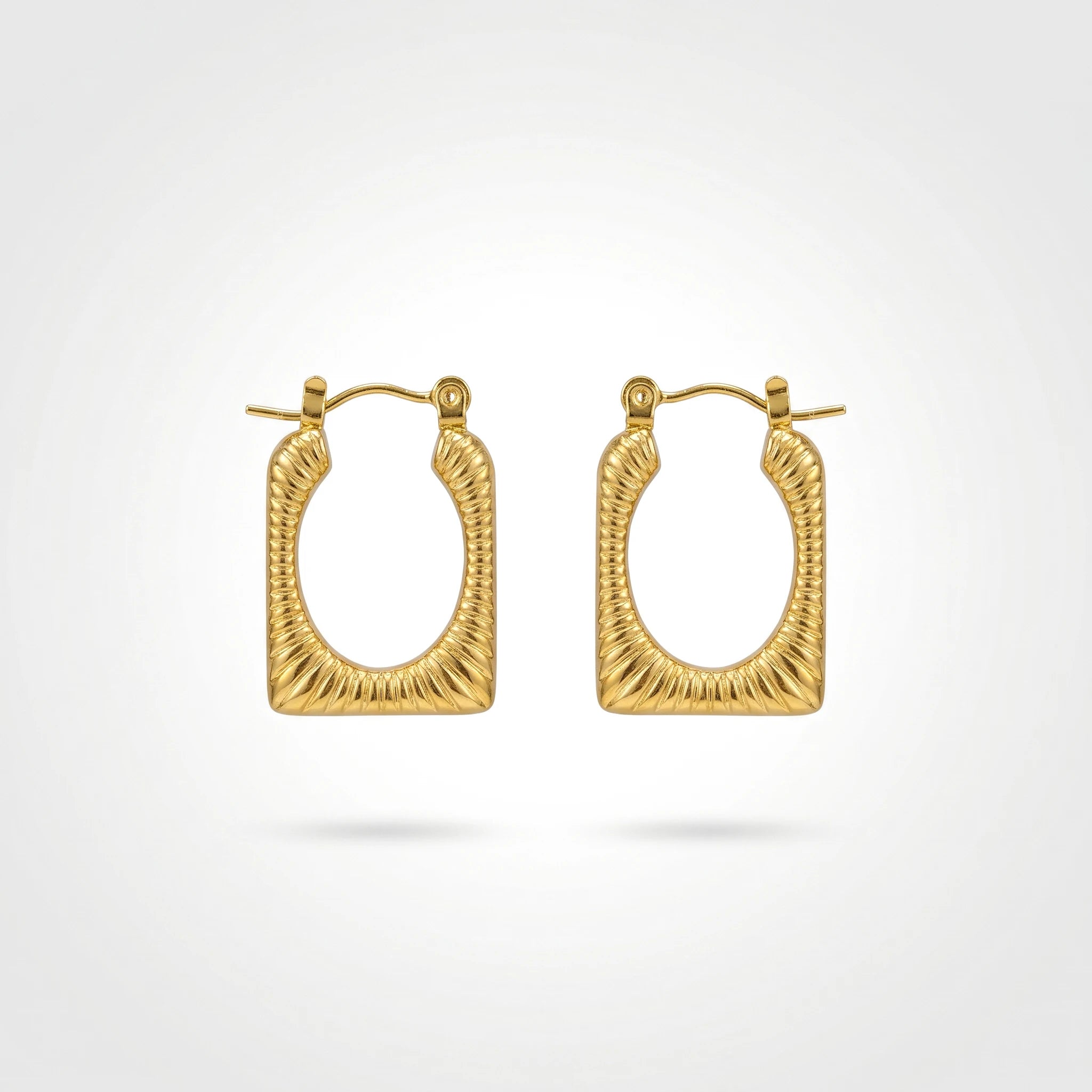 QIAOREN 12529 Waterproof Tarnish Free Ribbed Gold Earrings Stainless Steel Bold Fluted Rectangular Hoops Women US EU