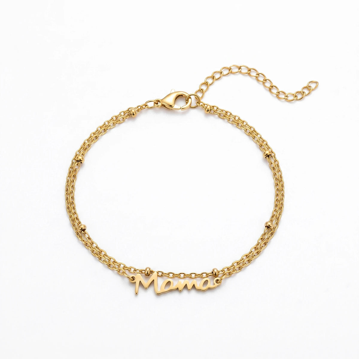 QIAOREN 11445 18K Gold Plated Cursive Mama Double Layer Bracelet With Beads Stainless Steel Tarnish Free