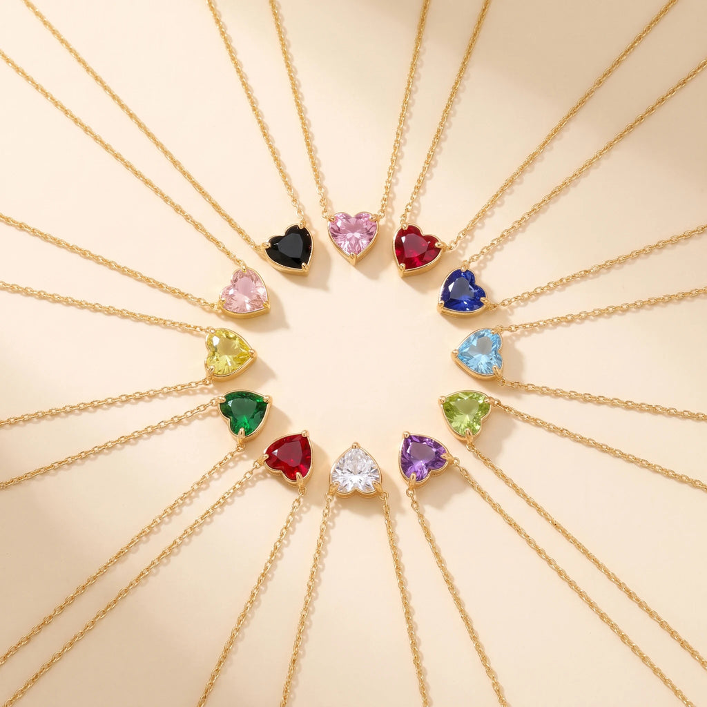 QIAOREN13555-66StainlessSteel 12Birthstone Heart Necklace Colorful Gemstone Pendant Personalized Birthday Jewelry Gift for Women