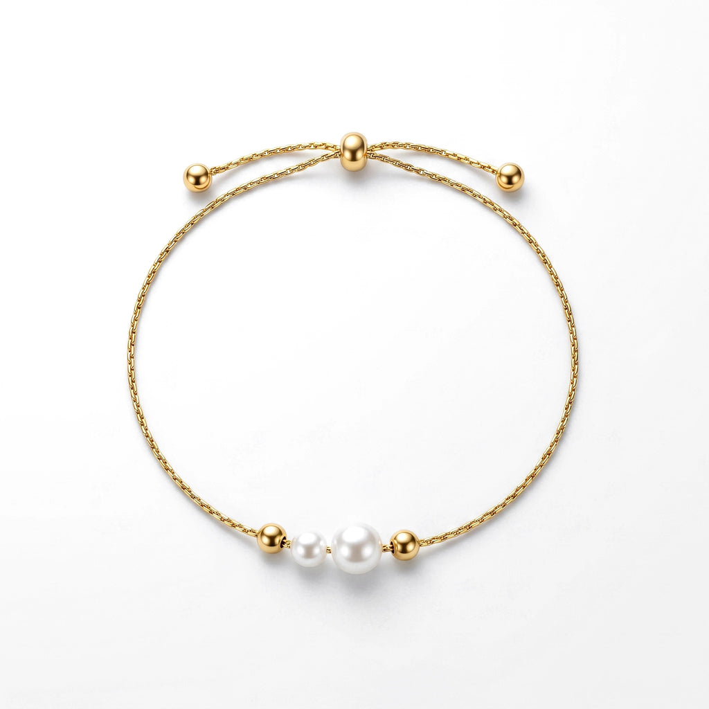 QIAOREN 13281 Stainless Steel Adjustable Pearl Beaded Bracelet Gold Plated Minimalist Slider Chain Bracelet for Women