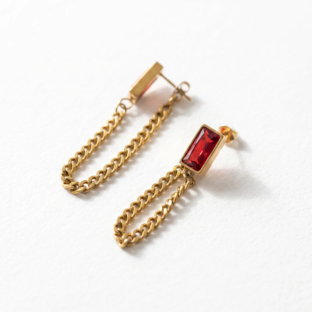 QIAOREN 13447-54 Gold Tone Rectangle Multiple Colors Crystal Double Chain Drop Stud Earrings Retro Punk Tassel Dangle Earring