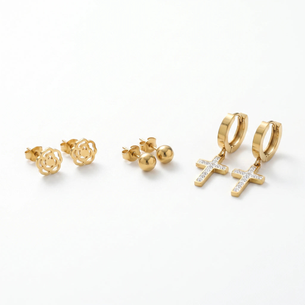 QIAOREN 14449 3 Pair Camellia & CZ Cross Stainless Steel Earring Set Gift for Daily Fashion Outfits