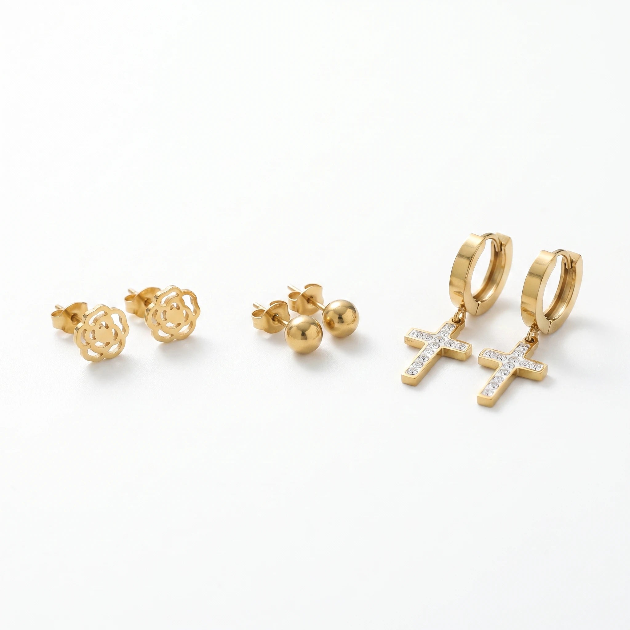QIAOREN 14449 3 Pair Camellia & CZ Cross Stainless Steel Earring Set Gift for Daily Fashion Outfits