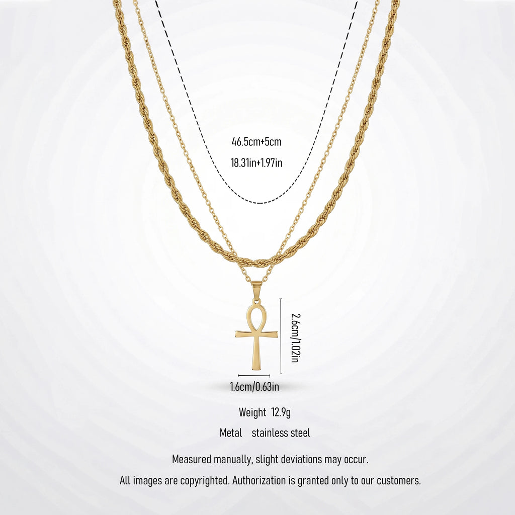 QIAOREN 11495 Rust Resistant Waterproof 18K Gold Plated Stainless Steel Ankh Symbol Layered Necklace
