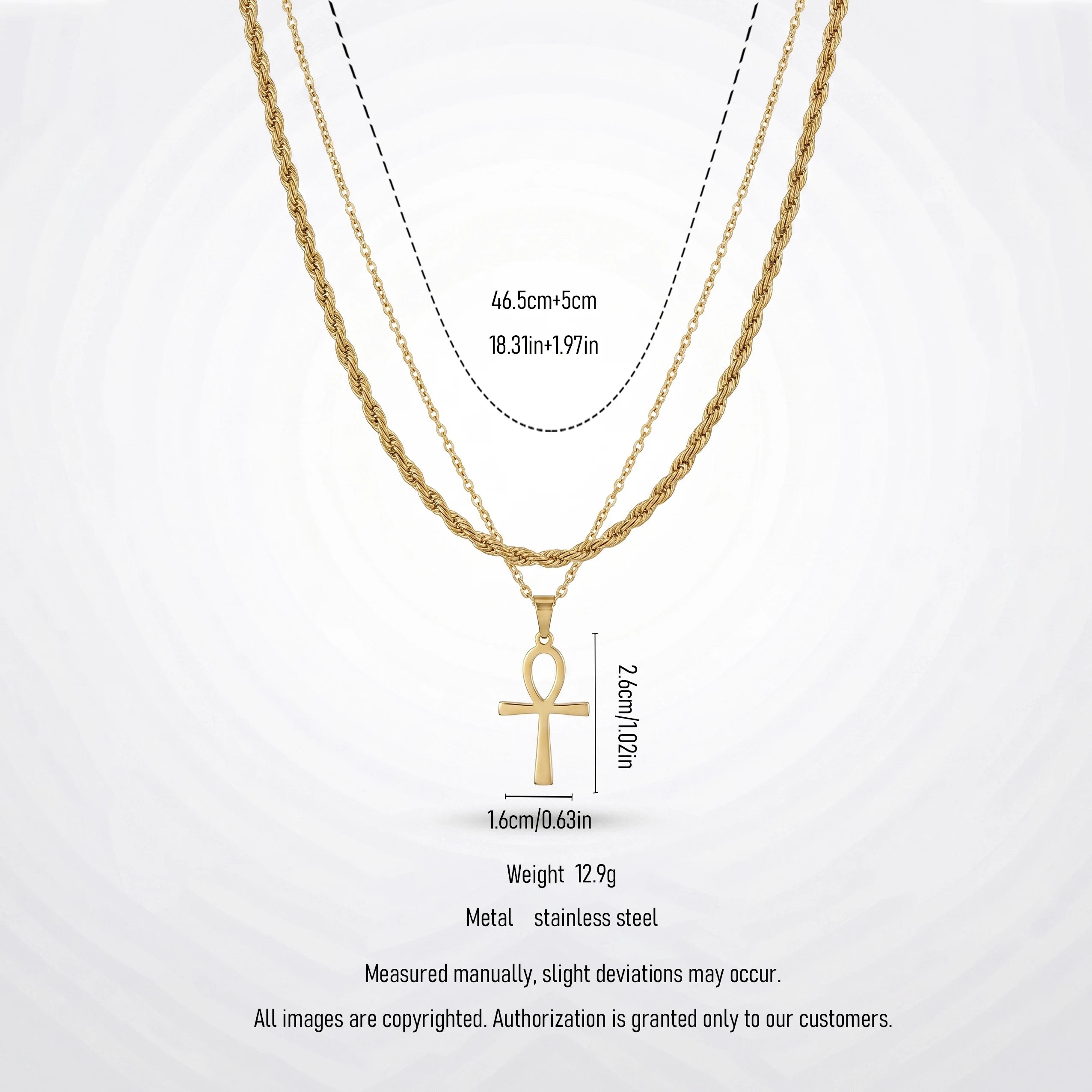 QIAOREN 11495 Rust Resistant Waterproof 18K Gold Plated Stainless Steel Ankh Symbol Layered Necklace