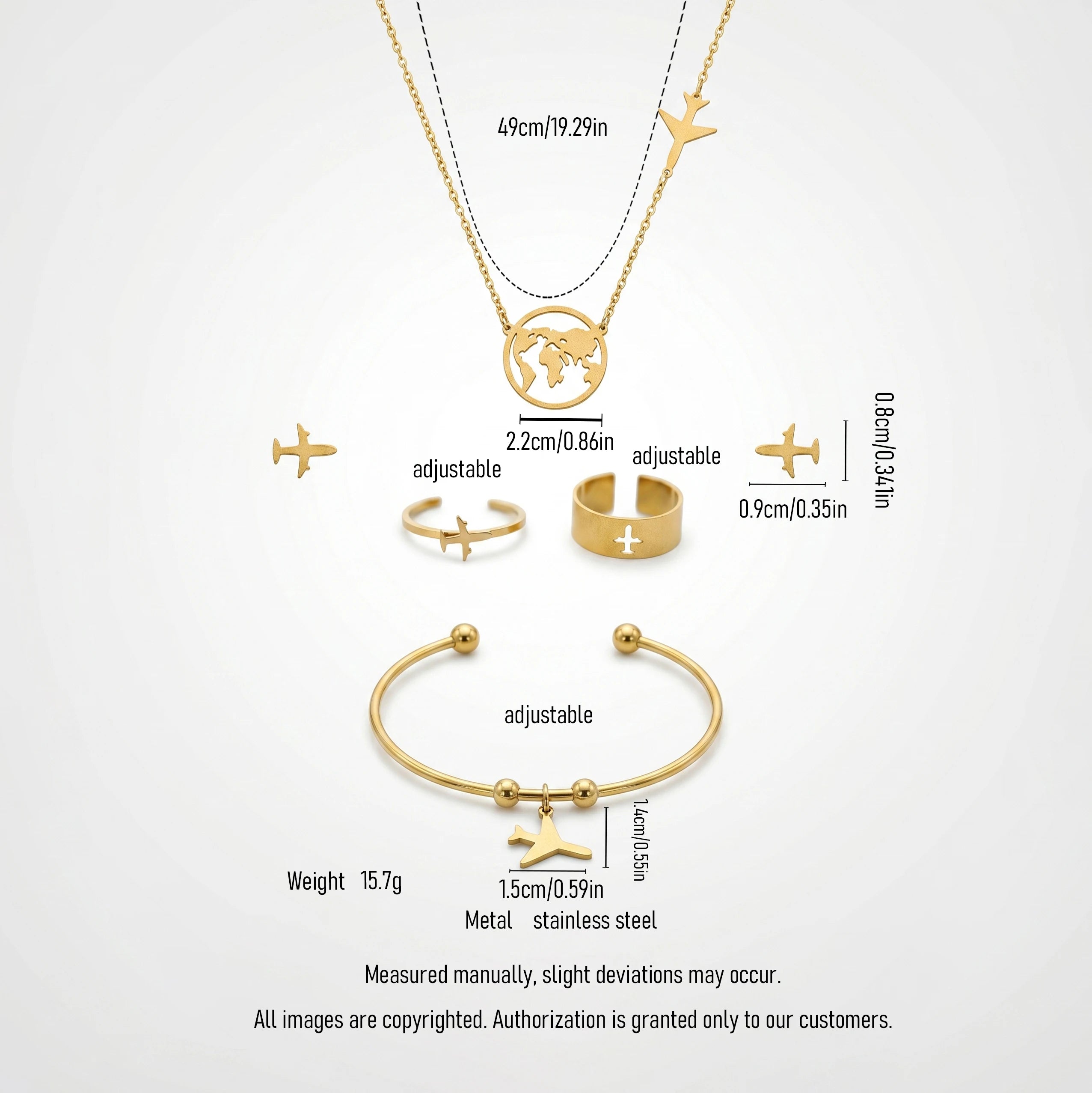 QIAOREN 11575 Fashion Gold Travel Jewelry Set Stainless Steel Airplane Globe Necklace Bracelet Ring Stud Earrings Gift