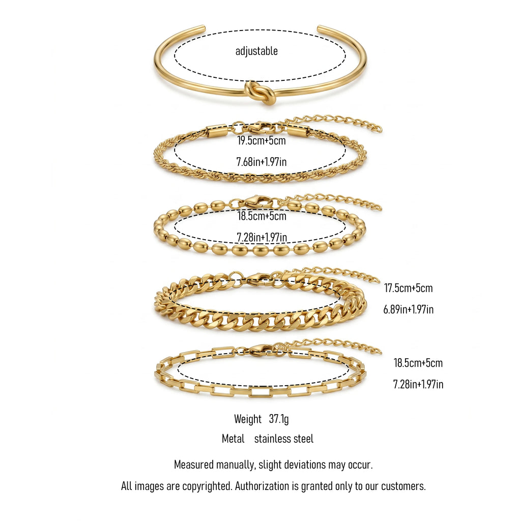 QIAOREN 11587 Waterproof 18K Gold Stainless Steel Bracelet Set 5PCS Stackable Daily Wear Bracelets for Women