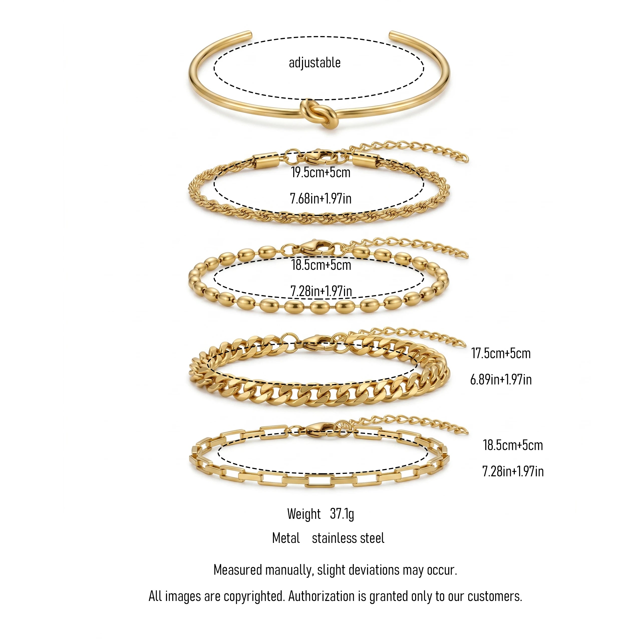 QIAOREN 11587 Waterproof 18K Gold Stainless Steel Bracelet Set 5PCS Stackable Daily Wear Bracelets for Women