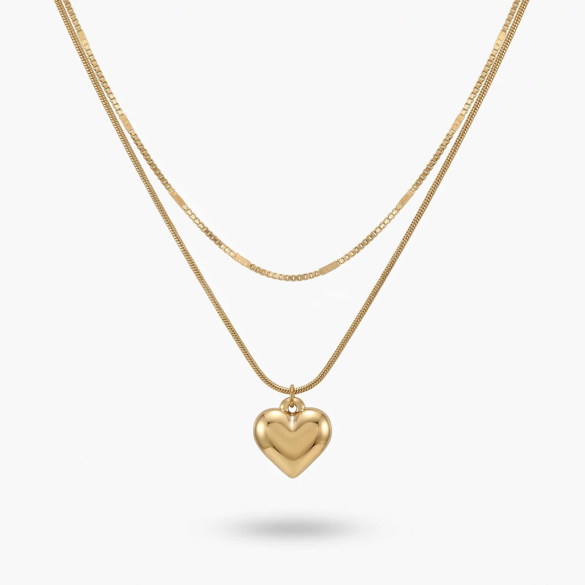 QIAOREN 11235 18K Gold Plated Double Layer Stainless Steel Heart Pendant Necklace Tarnish Free Waterproof Jewelry for Women