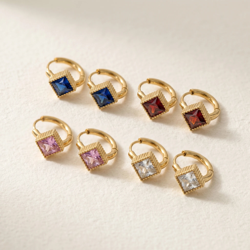 QIAOREN 12121-24 18K Gold Plated Stainless Steel Huggie Hoop Earrings Princess Cut Square CZ Inlaid Textured Bezel Ear Buckle