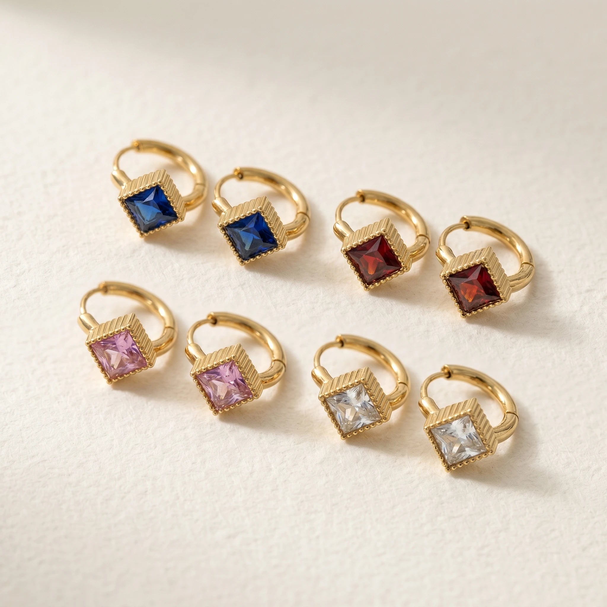 QIAOREN 12121-24 18K Gold Plated Stainless Steel Huggie Hoop Earrings Princess Cut Square CZ Inlaid Textured Bezel Ear Buckle