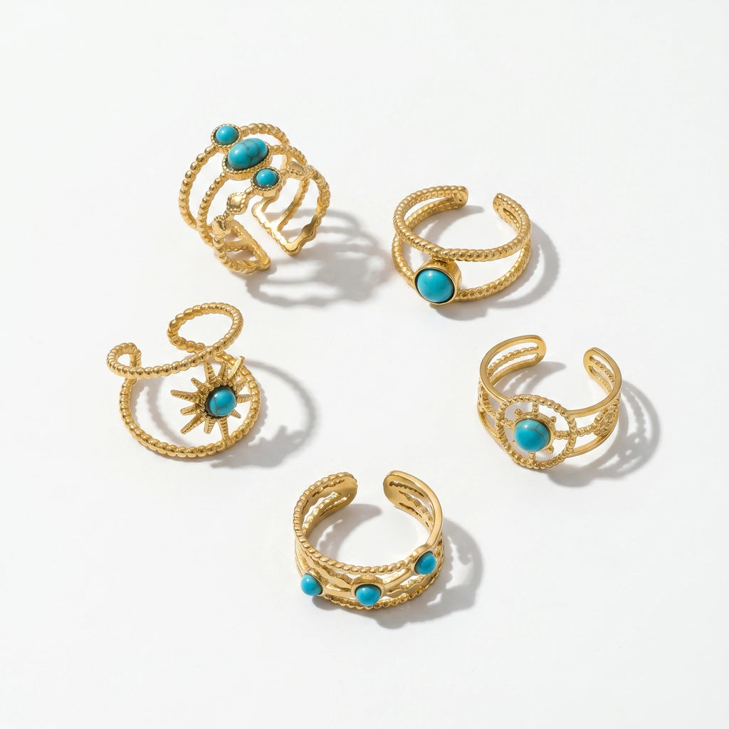 QIAOREN 13171-75 5Pcs Gold Stainless Steel Turquoise Open Ring Set Irregular Hammered Crown Adjustable Boho Stackable Rings