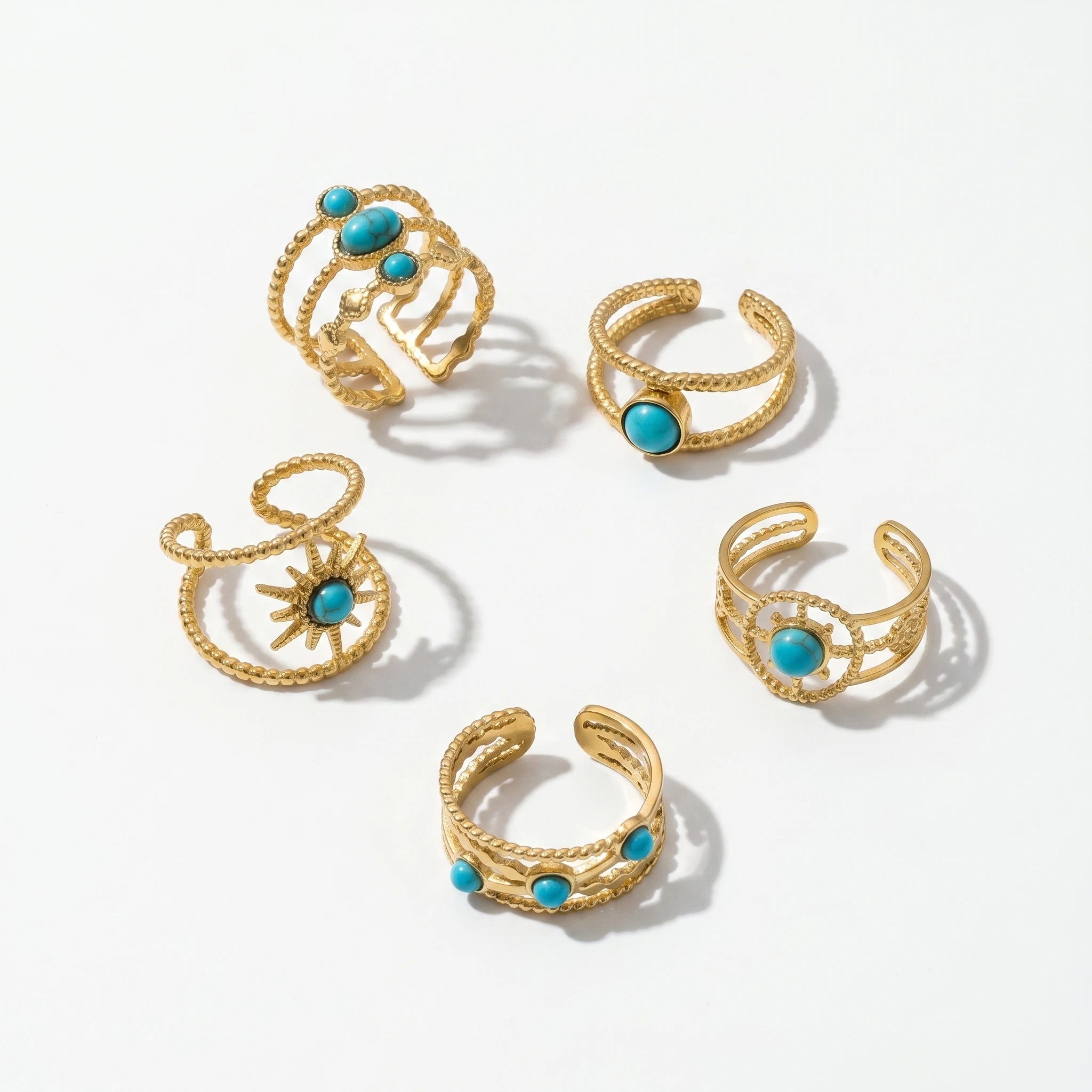 QIAOREN 13171-75 5Pcs Gold Stainless Steel Turquoise Open Ring Set Irregular Hammered Crown Adjustable Boho Stackable Rings