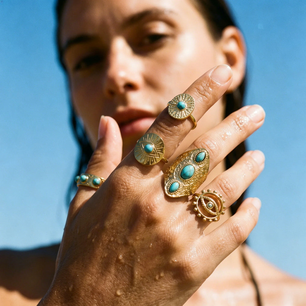 QIAOREN 10033 Stainless Steel Boho Turquoise Adjustable Ring Set Vintage Stackable Knuckle Rings Western Jewelry for Women
