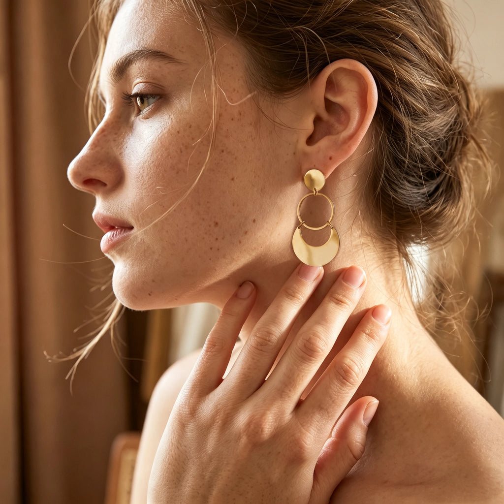 QIAOREN 14600 Stainless Steel Three Layer Circle Shape Tassel Punk Style Non Tarnish Geometry Stud Earrings Women's Party Gift