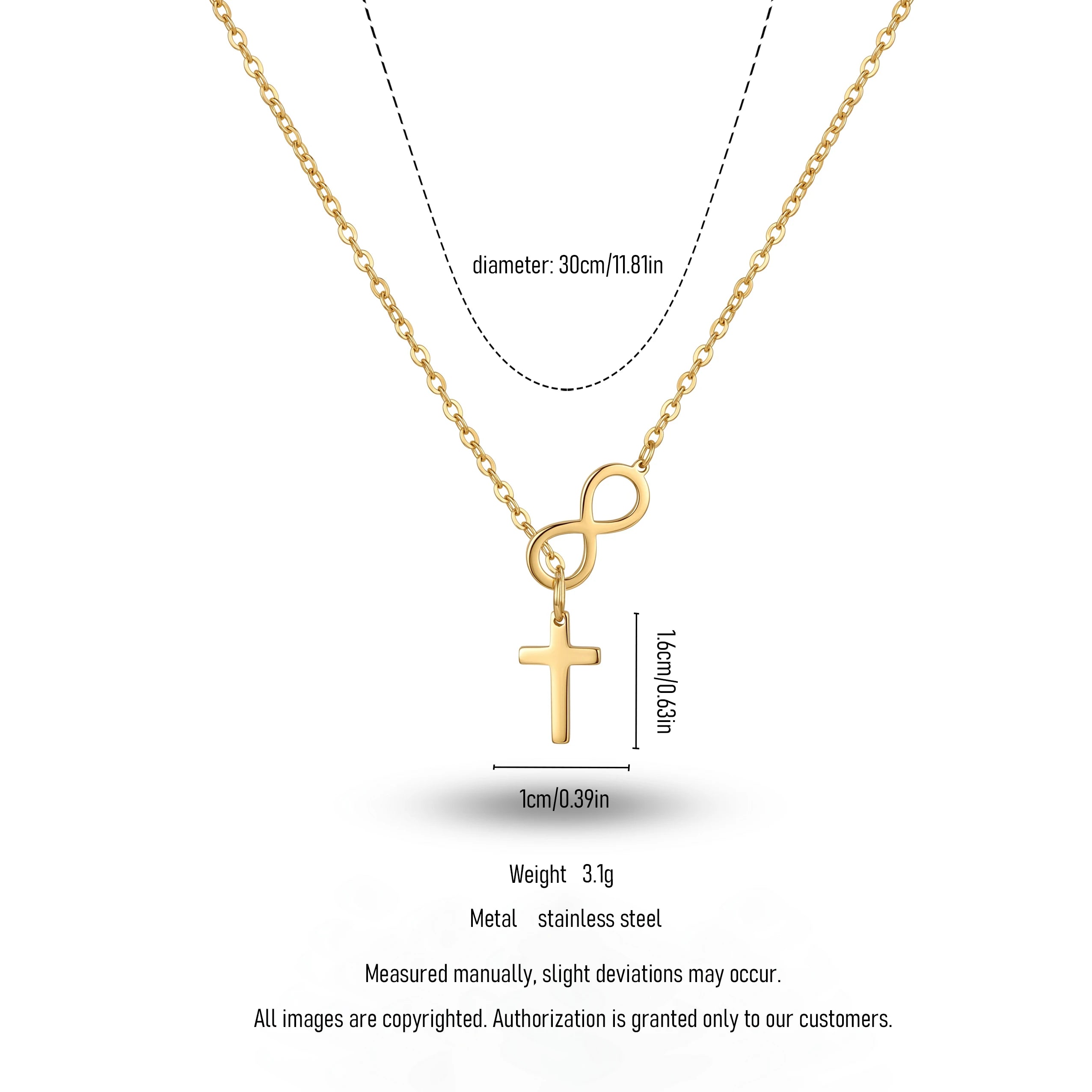 QIAOREN 11247 Tarnish Resistant Waterproof 18K Gold Plated Stainless Steel Infinity Cross Pendant Necklace for Women