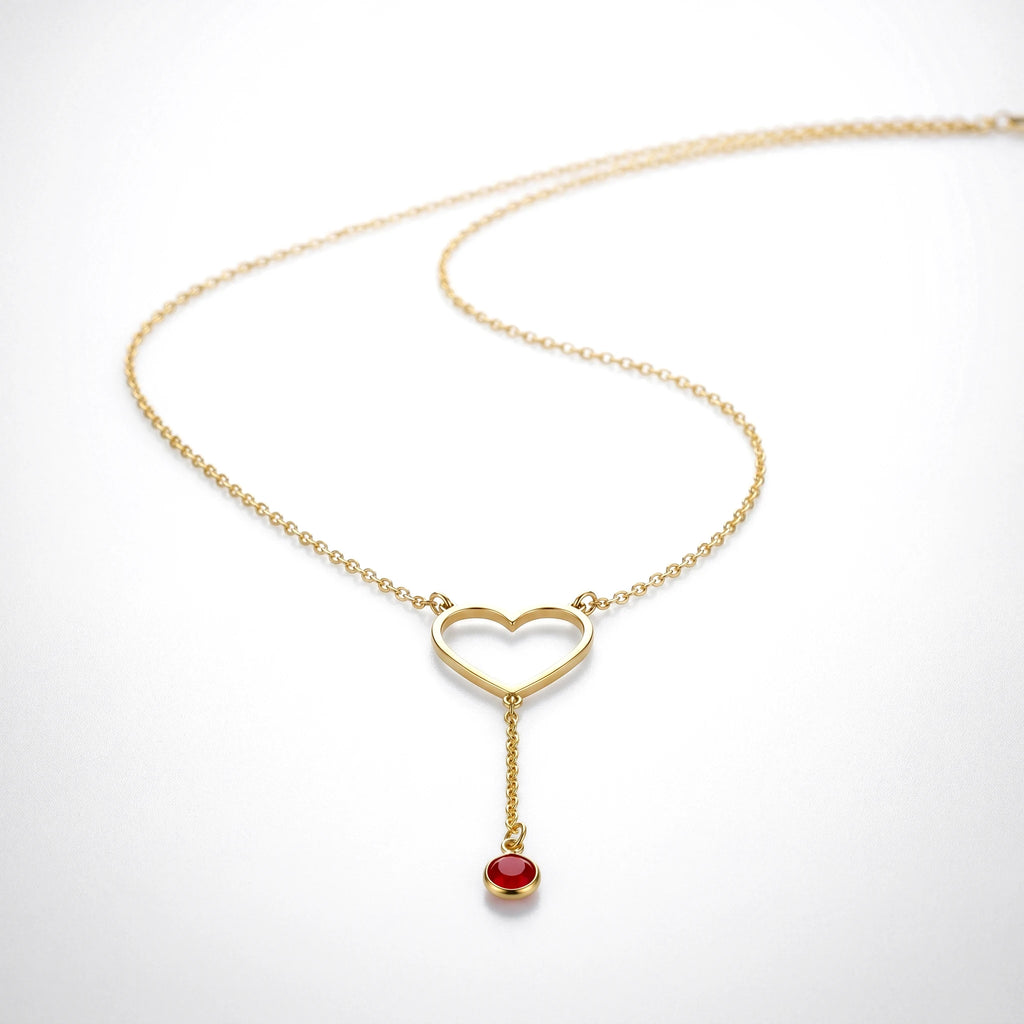 QIAOREN 11818 Waterproof Hollow Heart Lariat Necklace 18K Gold Stainless Steel Red CZ Drop Beach-Ready Summer Vacation Jewelry