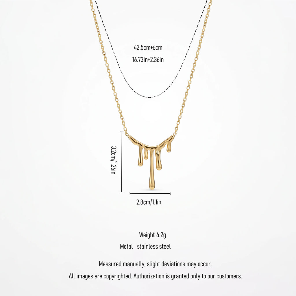 QIAOREN 13806 Thin Oval Link Chain Pendant Necklace with Abstract Liquid Dripping Metal Drop Charm, Polished Gloss Gold Jewelry