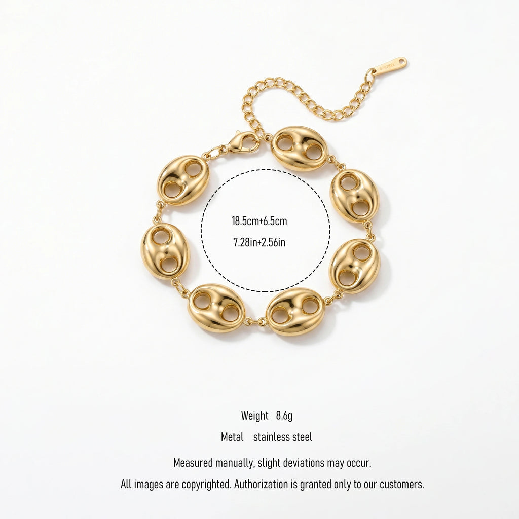 QIAOREN 12039 Wholesale Gold Plated Stainless Steel  Link Bracelet Polished Puffy Double Hole Bead Adjustable Chain Jewelry