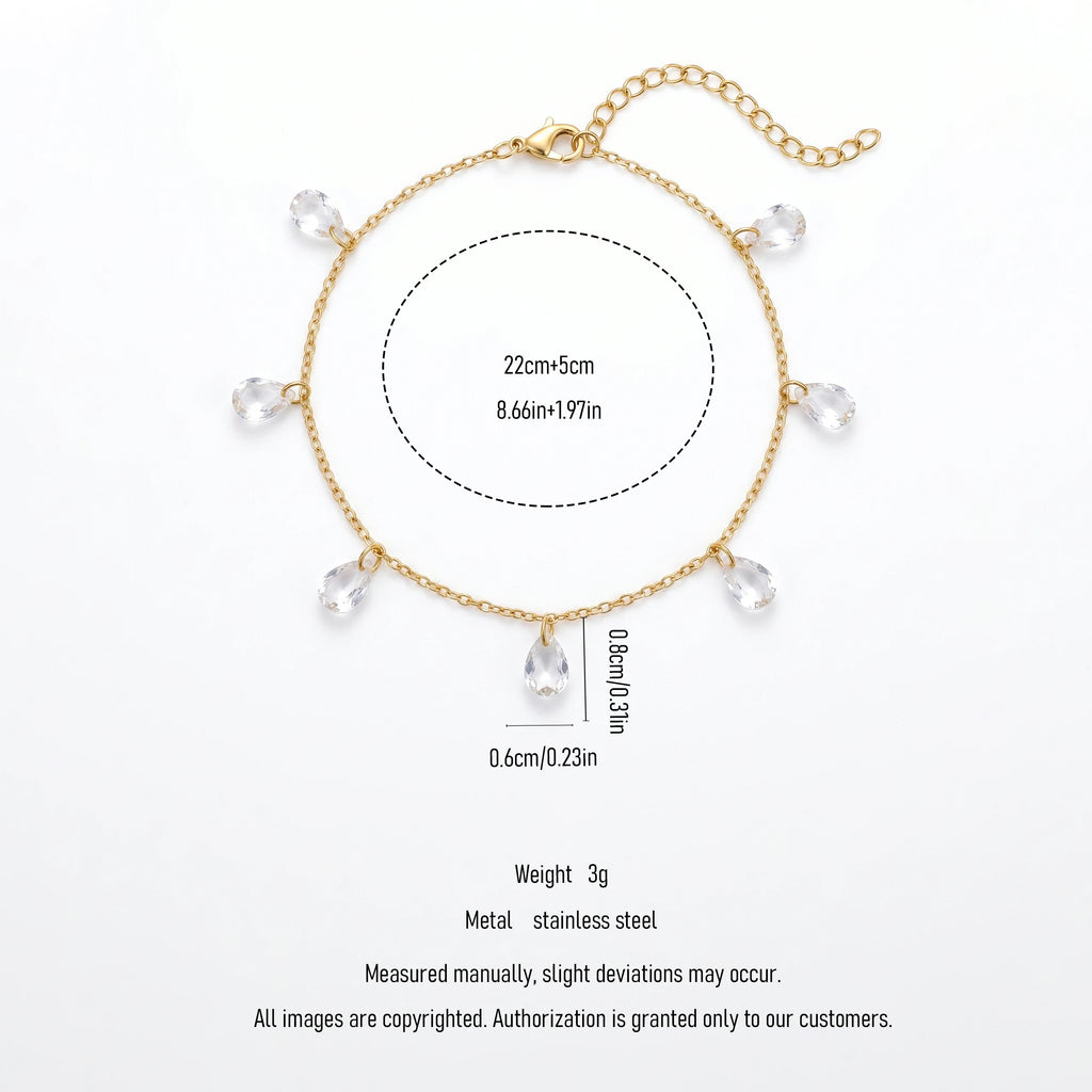 QIAOREN 11414 Tarnish Resistant Waterproof 18K Gold Plated Stainless Steel Teardrop CZ Charm Anklet