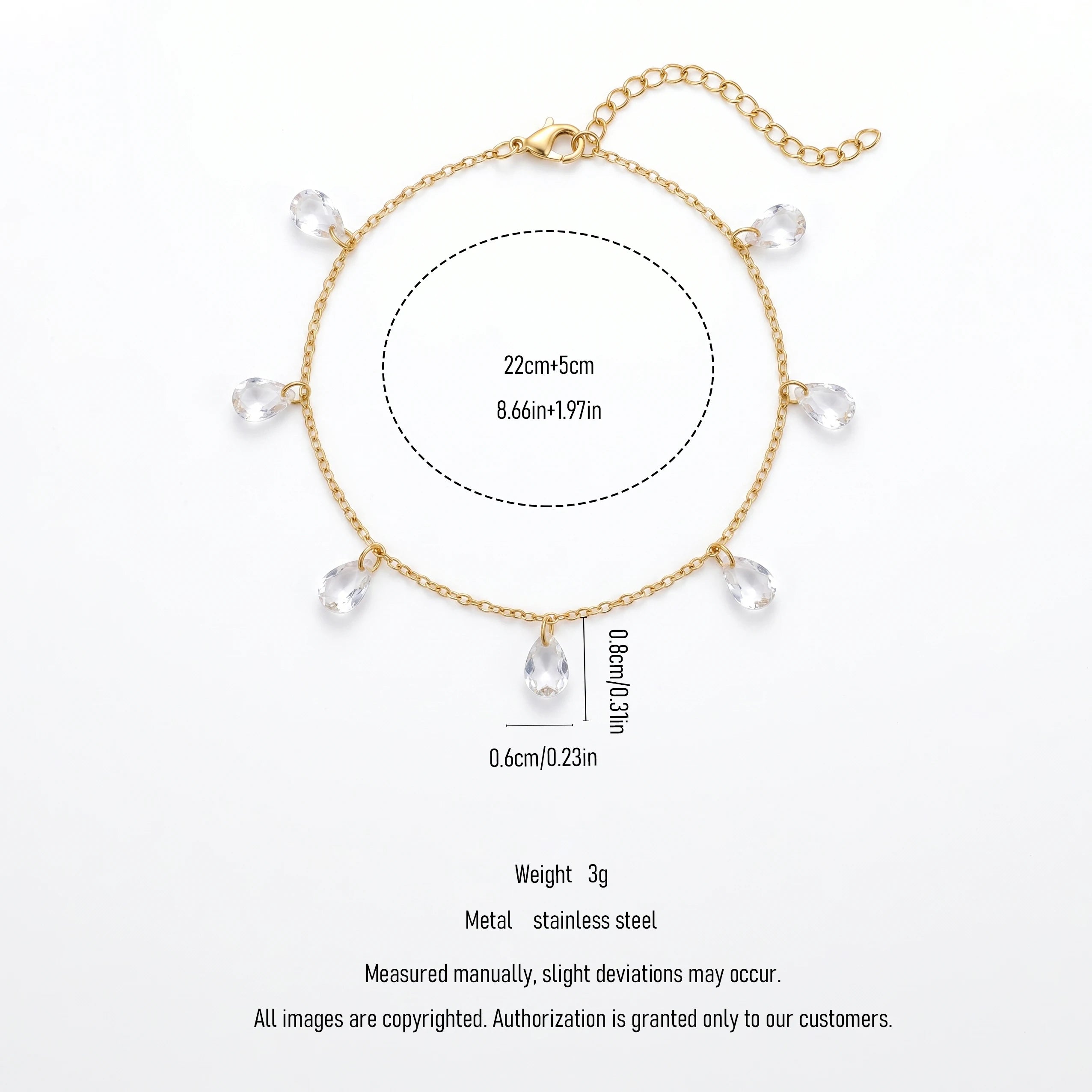 QIAOREN 11414 Tarnish Resistant Waterproof 18K Gold Plated Stainless Steel Teardrop CZ Charm Anklet