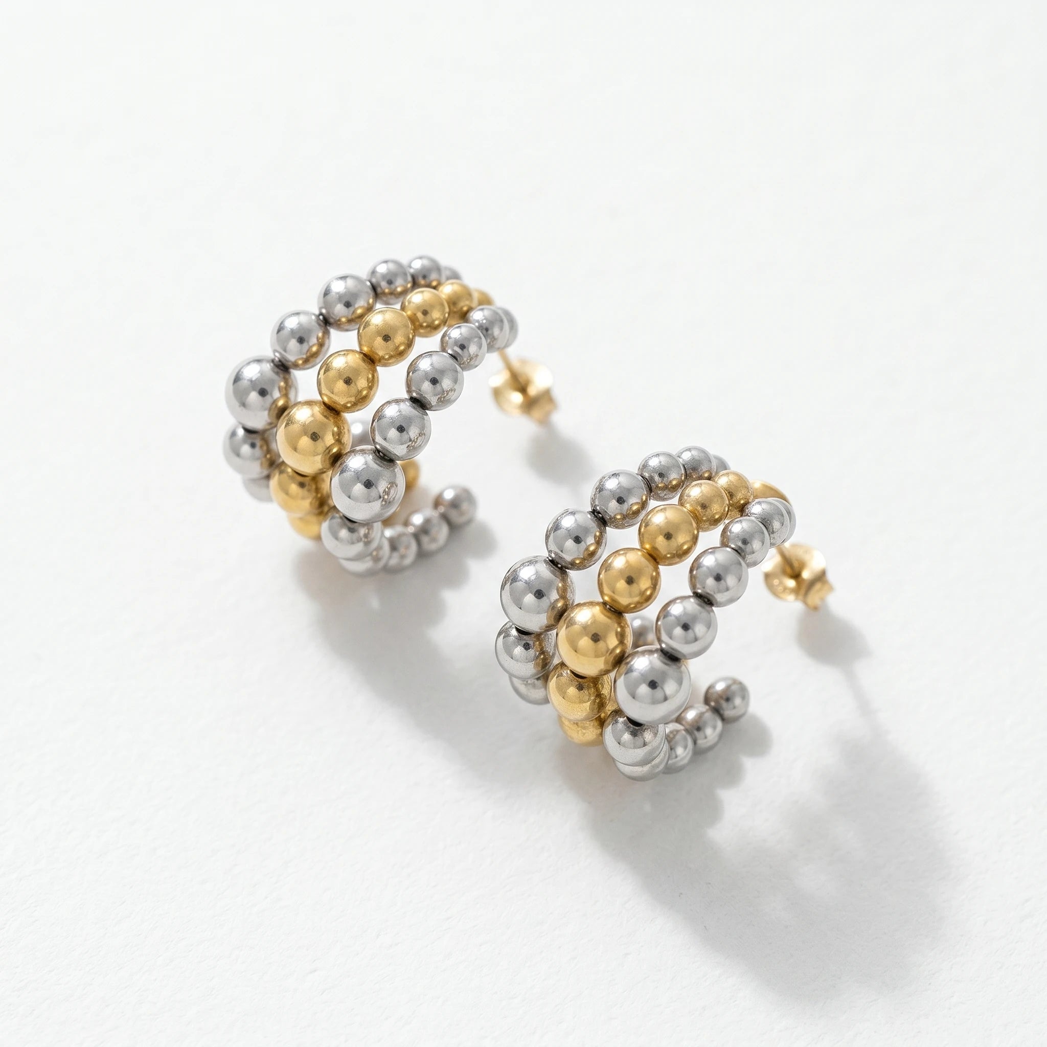 QIAOREN 12753 Stainless Steel Two Tone Beaded Hoop Earrings Silver Gold Mixed Ball Chunky Cuff Ear Jewelry for Women