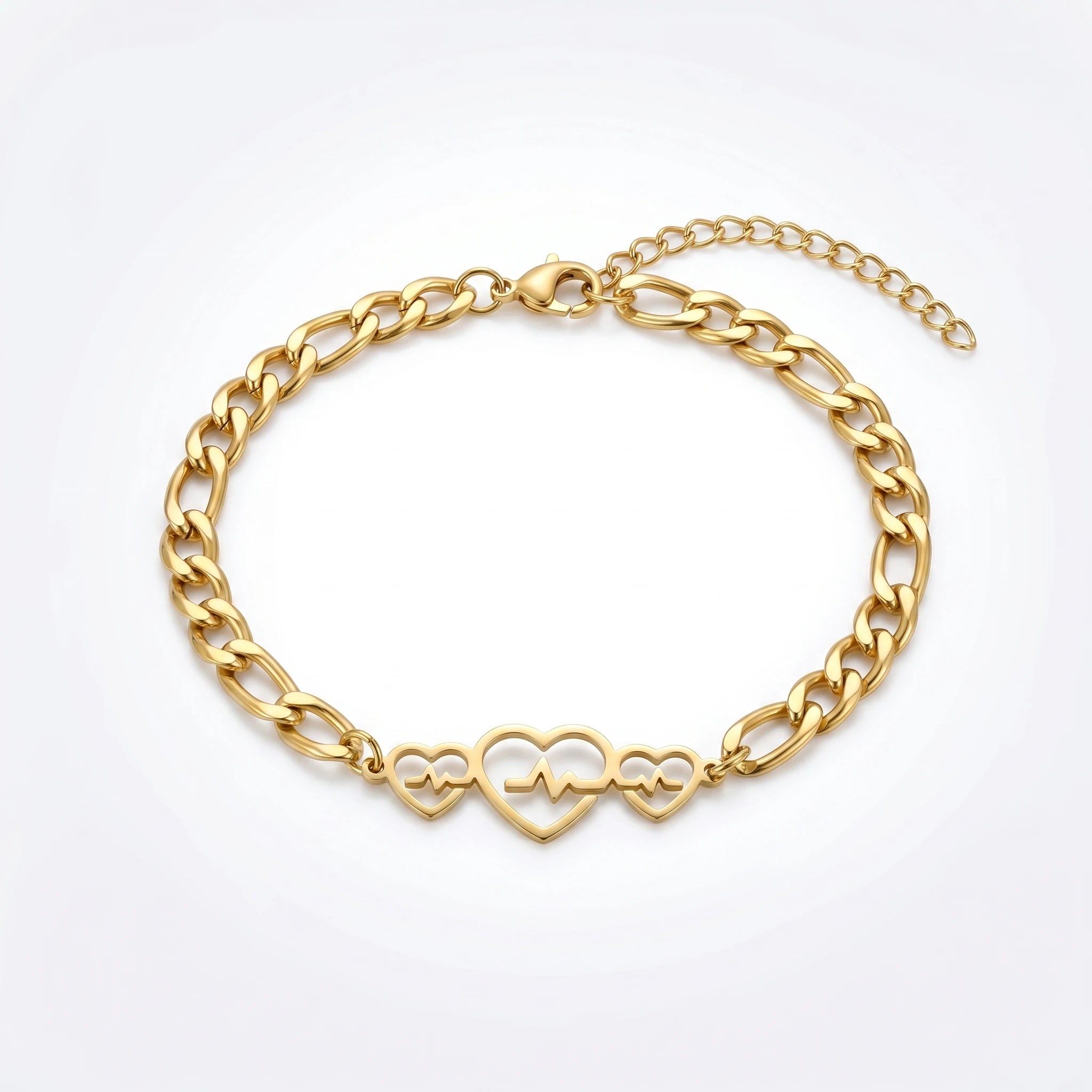 QIAOREN 11736 Tarnish Free 18K Gold Stainless Steel Heartbeat Anklet Cuban Chain Adjustable Foot Chain