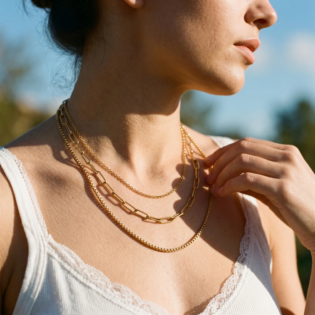 QIAOREN 10590 3 Layered Paperclip Chain Necklace 18K Gold Plated Stainless Steel Waterproof Tarnish Free Trendy Jewelry