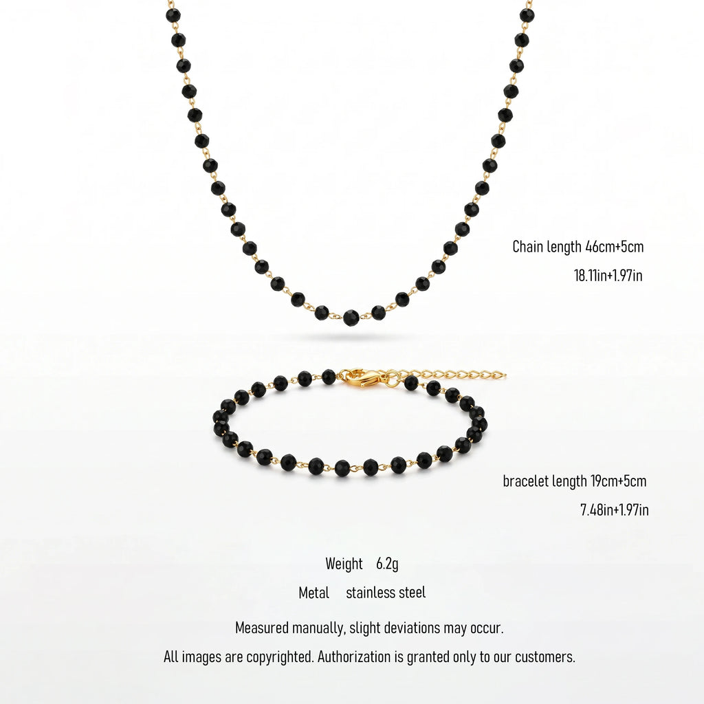 QIAOREN 10855 Stainless Steel Gold Plated Black Faceted Beaded Jewelry Set Necklace and Bracelet for Women Party