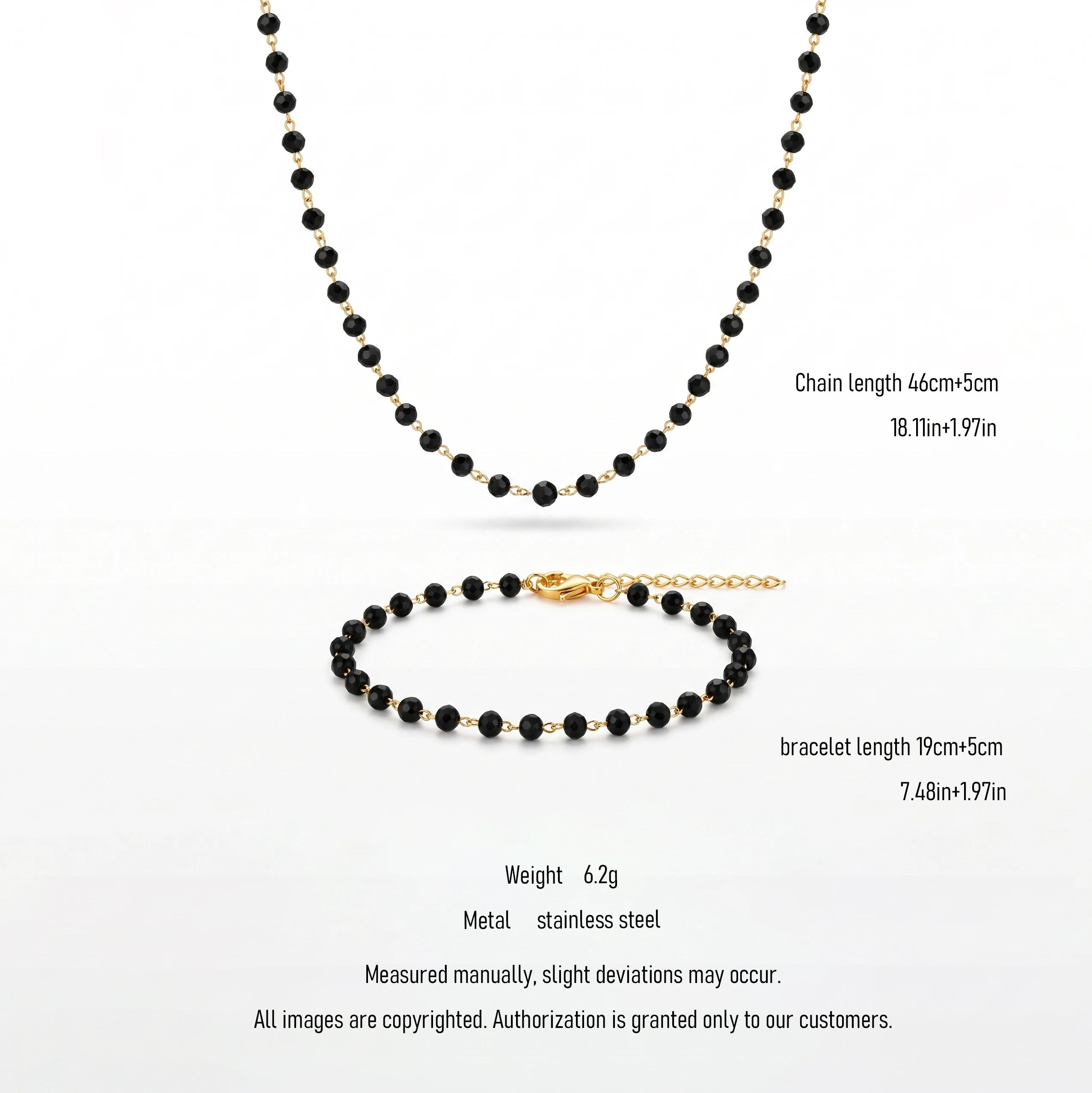 QIAOREN 10855 Stainless Steel Gold Plated Black Faceted Beaded Jewelry Set Necklace and Bracelet for Women Party