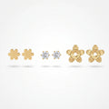 QIAOREN 13254  3 PCS Set 18K Gold Plated Stainless Steel Flower Zircon Stud Earrings Set Solid Plain Flower Round CZ