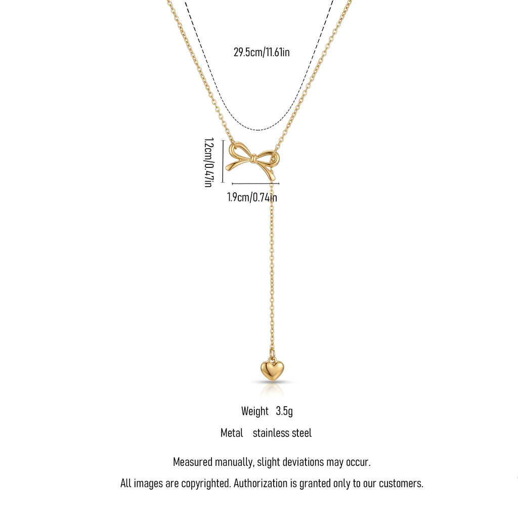QIAOREN13155 Gold Plated Bow Knot Heart Y Necklace Stainless Steel Dainty Lariat Necklace Minimalist Jewelry for Women