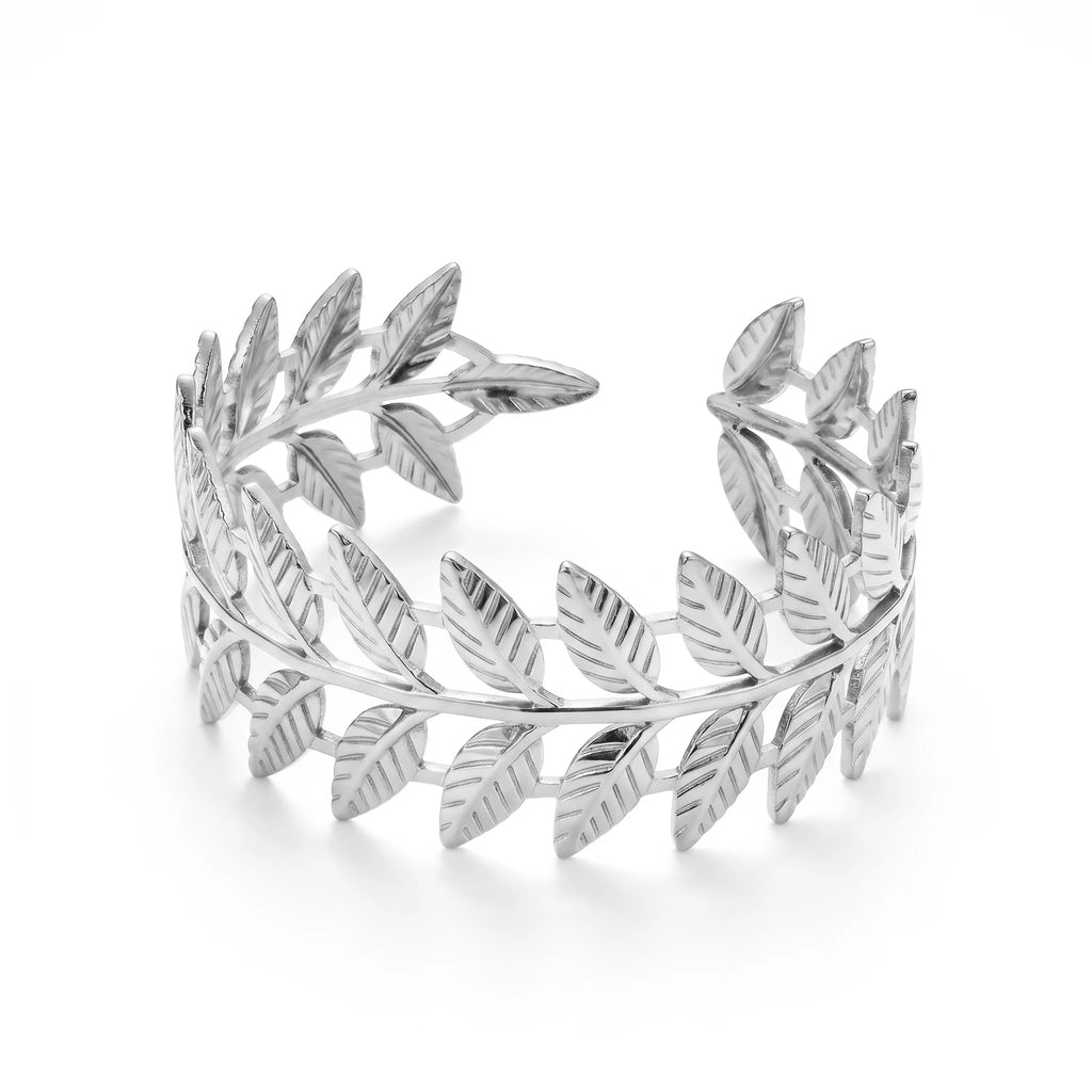 QIAOREN 11886 Boho Beach Laurel Leaf Cuff Bracelet 18K Gold Stainless Steel Greek Olive Branch Open Bangle Vacation Jewelry